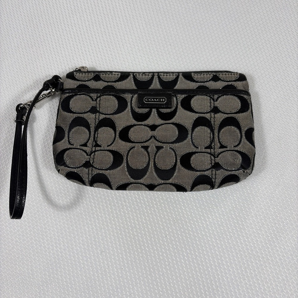 COACH ICONIC CANVAS GLITTER ZIPPY SLIM SMALL WRISTLET WALLET BLACK/GREY